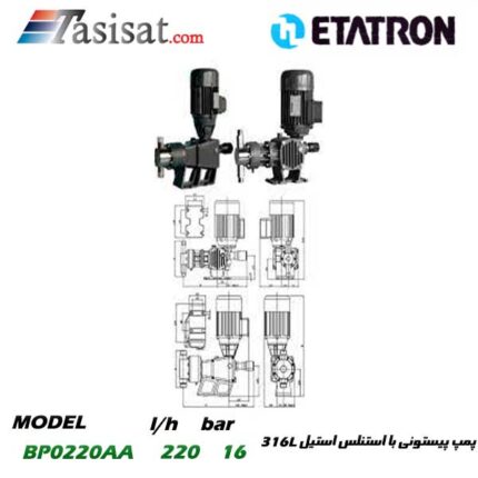 پمپ پیستونی ETATRON با استنلس استیل 316L (سه فاز با پیستون مکانیکی و سیل مکانیکی VITON) مدل BP0220AA