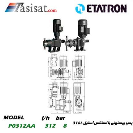 پمپ پیستونی ETATRON با استنلس استیل 316L (سه فاز با پیستون مکانیکی و سیل مکانیکی VITON) مدل P0312AA